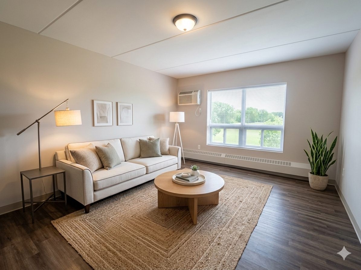 Living room with a large window, air conditioner and baseboard heating (virtually staged)