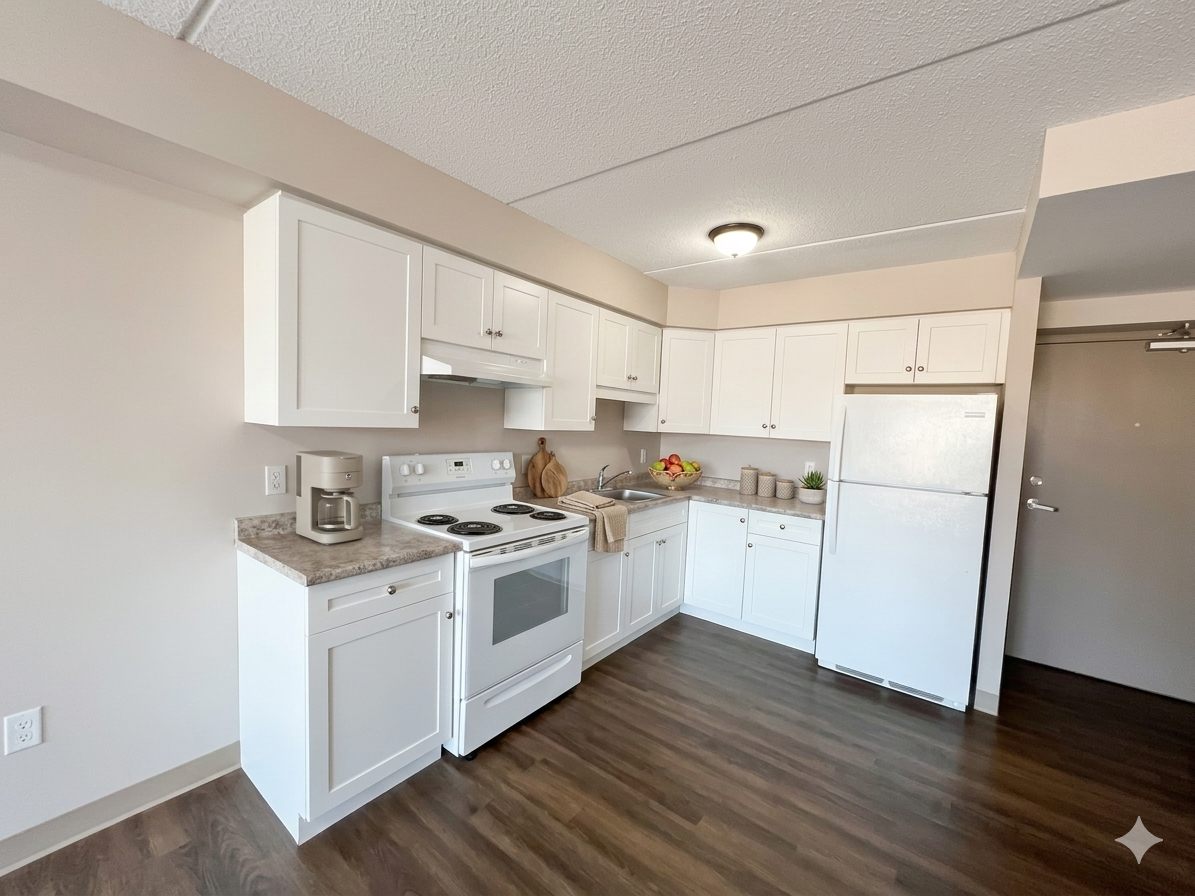 White kitchen with full-size appliances and wood-look flooring
