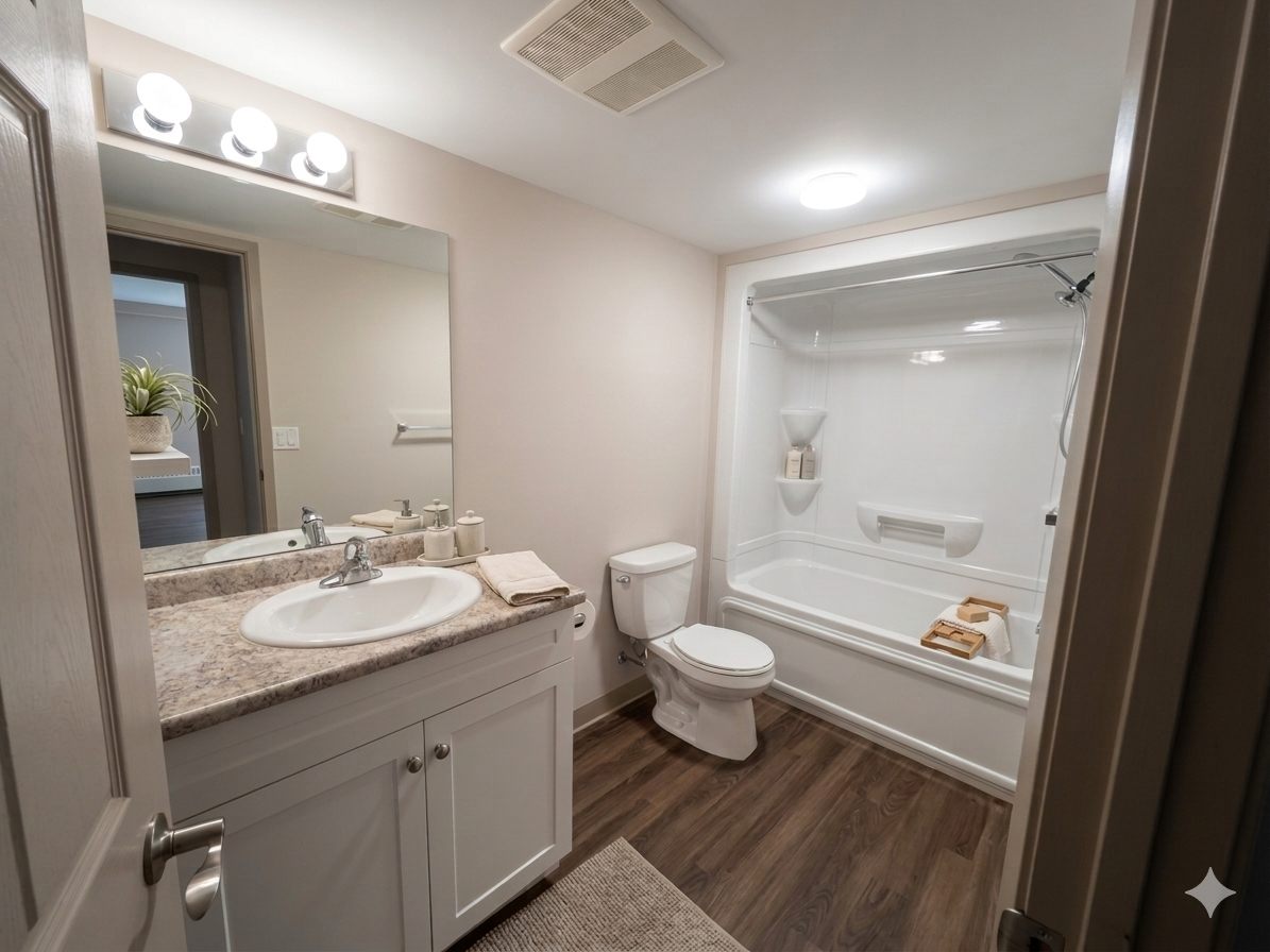 Four-piece bathroom with tub-shower and vanity