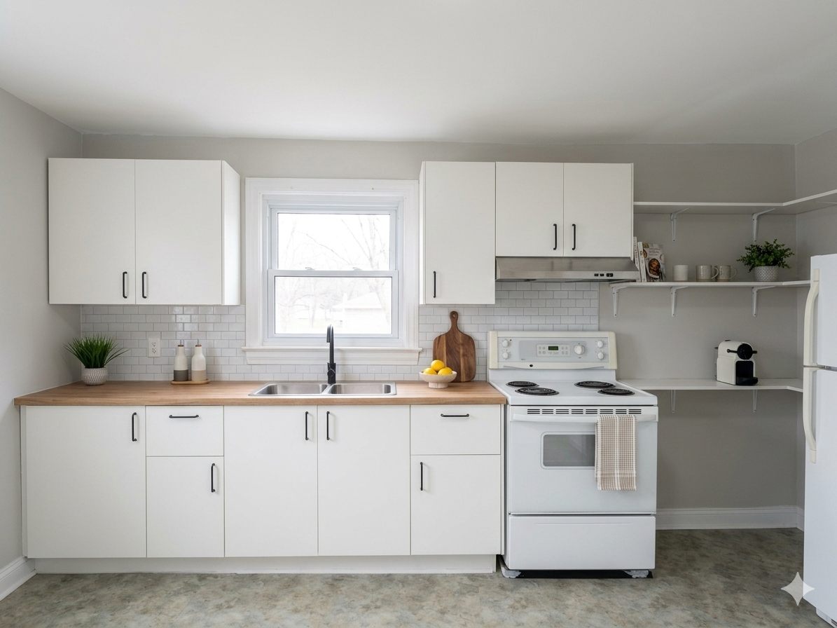 Renovated white kitchen with subway-tile backsplash, butcher-block counters and open shelving