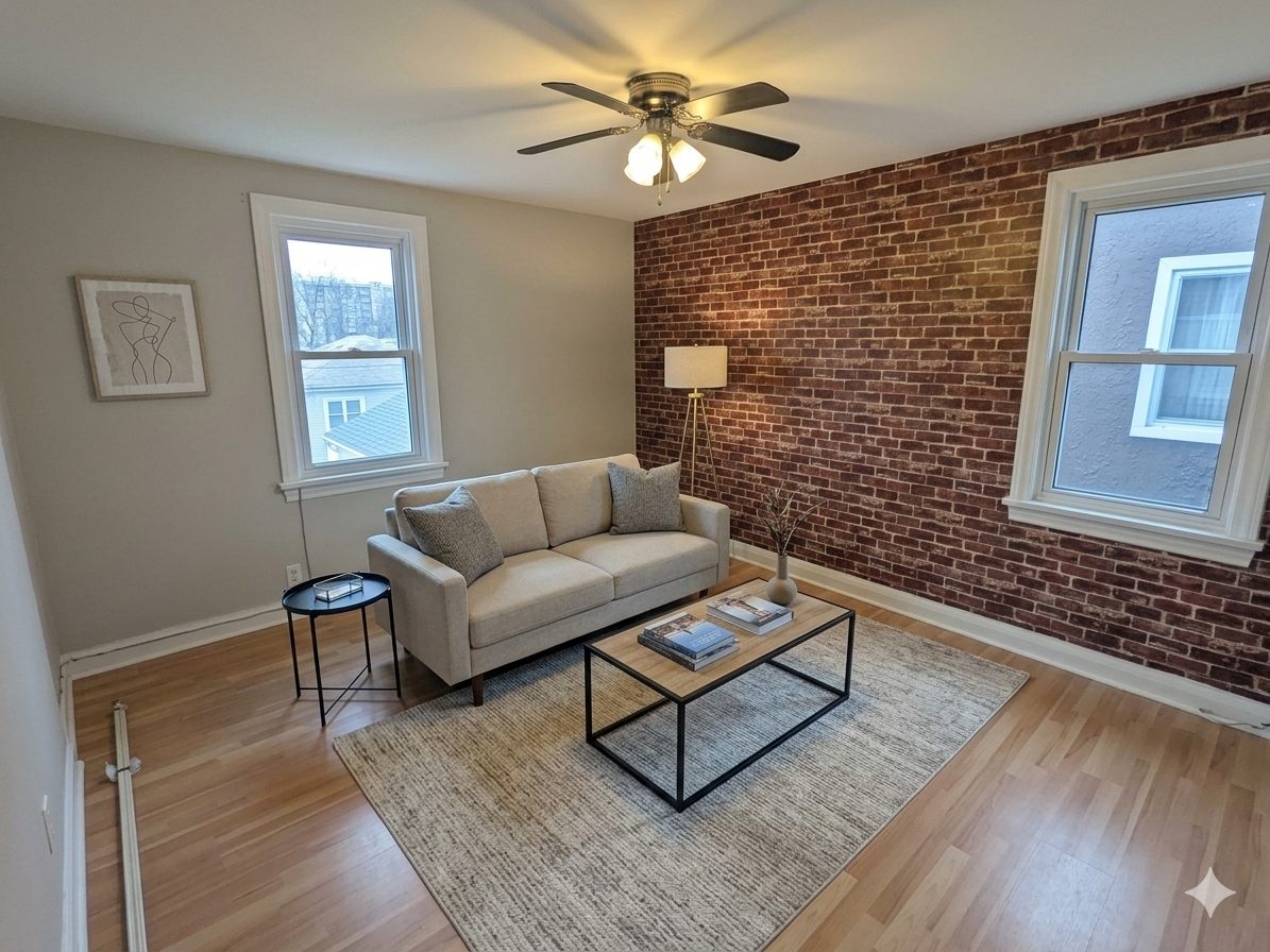 Living room with a brick-accent wall, ceiling fan and two windows (virtually staged)