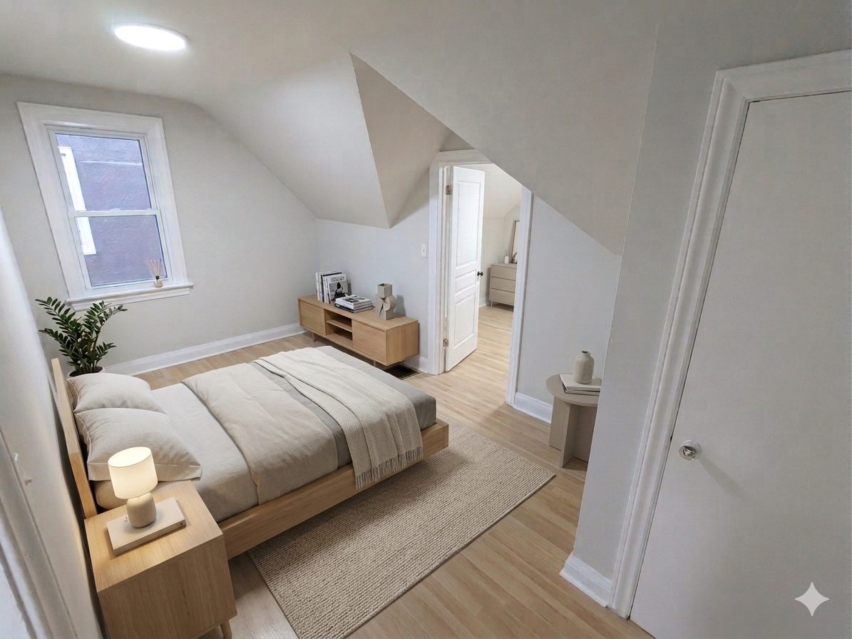 Bedroom with sloped ceiling opening to a second room (virtually staged)