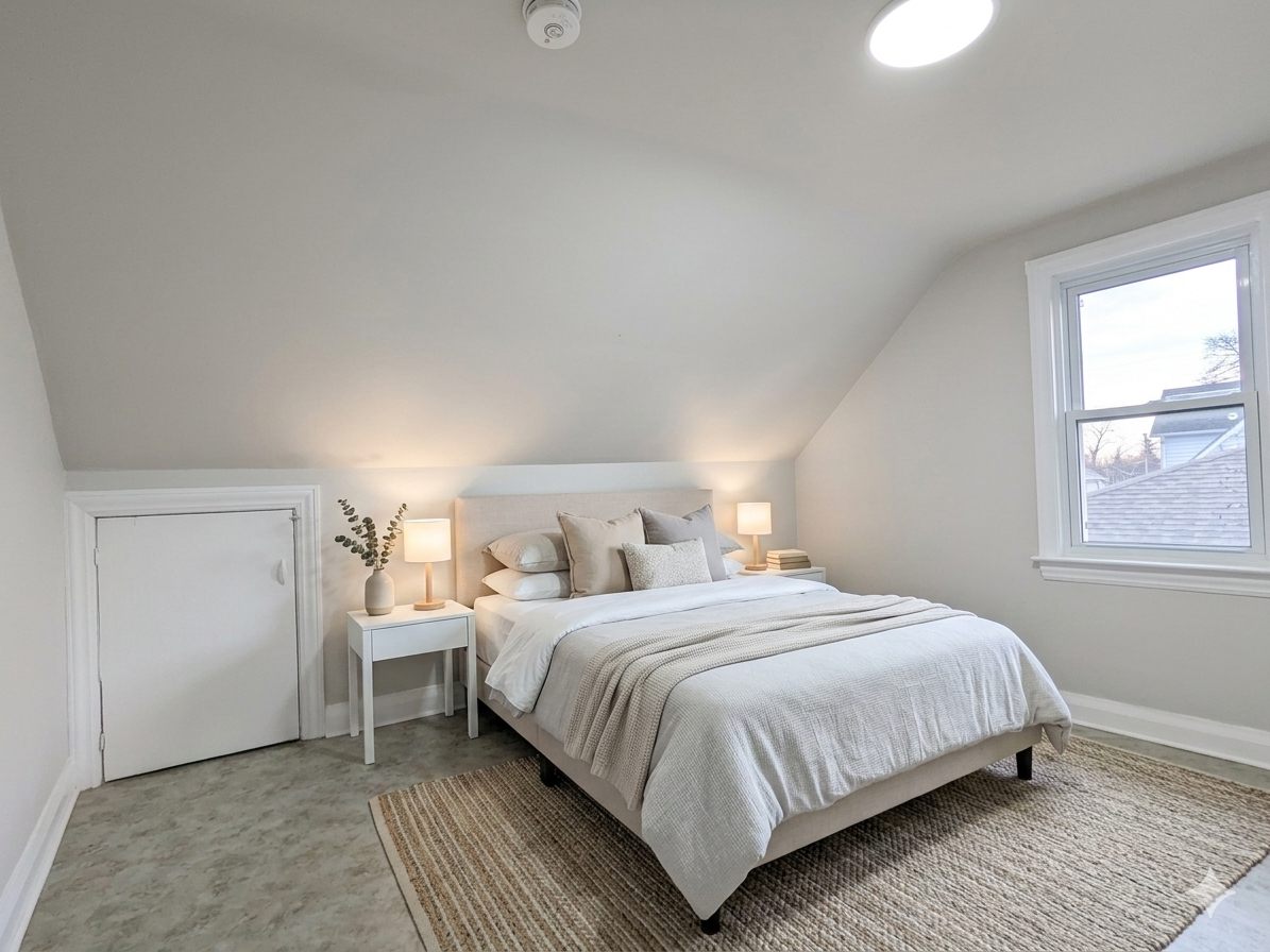 Second bedroom with sloped ceiling and a large bright window (virtually staged)